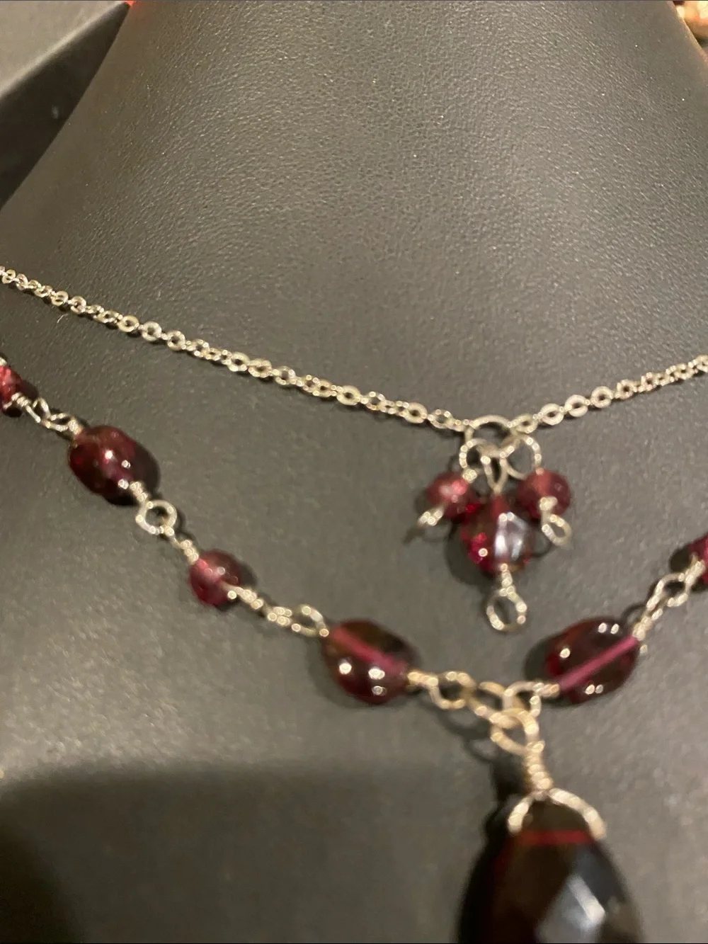 Multi-Strand Authentic (Garnet ) Red Beaded Pendant Necklace - Women Jewelry